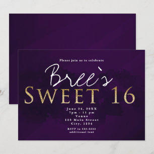 Invitation Fête d'anniversaire chic Sweet 16 noir et or viole