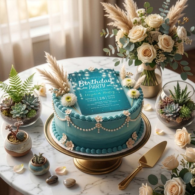 Invitation Fête d'anniversaire Chic Turquoise Guirlande Lumin (Créateur téléchargé)