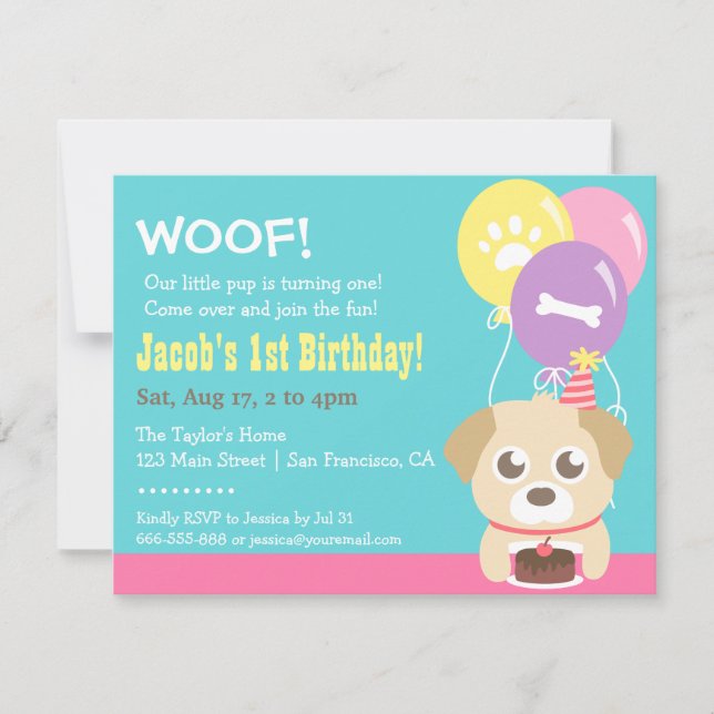 Invitation Fête d'anniversaire Chien chiot mignon et ballons (Devant)