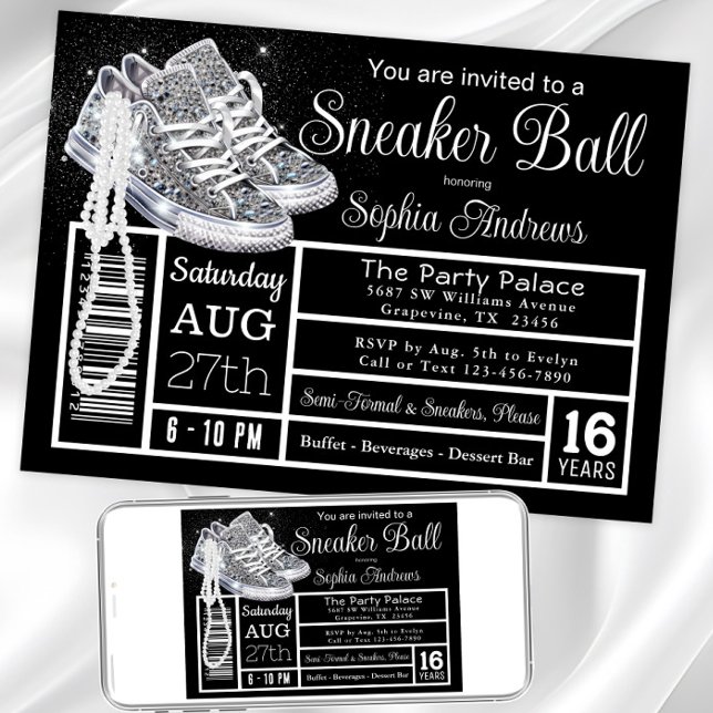 Invitation Fête d'anniversaire Chuck's Pearls Diamond Sneaker (Chucks and pearls any event sneaker invitation. Instant download and printed invitations available.)