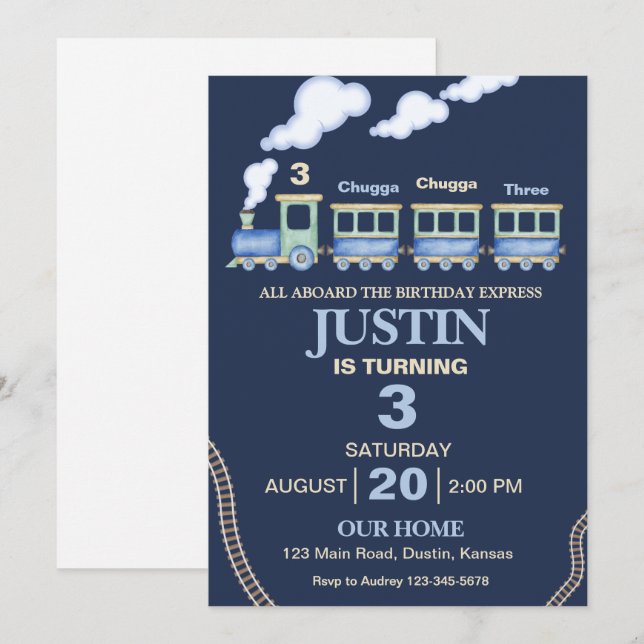 Invitation Fête d'anniversaire Chugga, Chugga Train Mignon (Devant / Derrière)