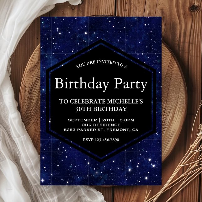 Invitation Fête d'anniversaire ciel étoilé de minuit bleu fon (Créateur téléchargé)