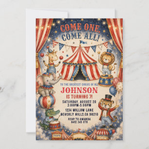 Invitation Fête d'anniversaire cirque animaux aquarelle vinta