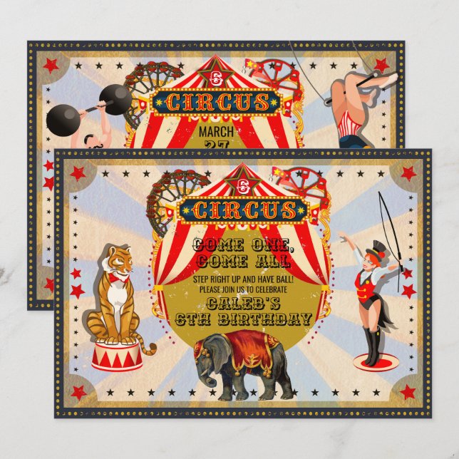 Invitation Fête d'anniversaire cirque rétro vintage (Devant / Derrière)