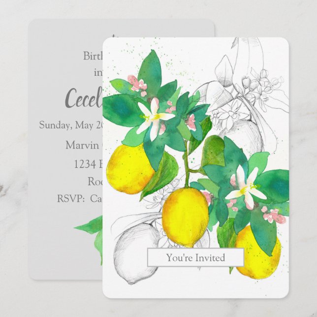Invitation Fête d'anniversaire Citrons Citrus Aquarelle Fruit (Devant / Derrière)