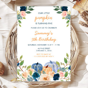 Invitation Fête d'anniversaire citrouilles pêche et bleu mari