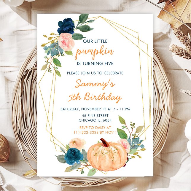Invitation Fête d'anniversaire citrouilles pêche et bleu mari (Créateur téléchargé)