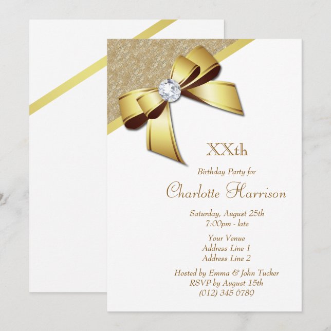 Invitation Fête d'anniversaire classe romantique or et blanc (Devant / Derrière)
