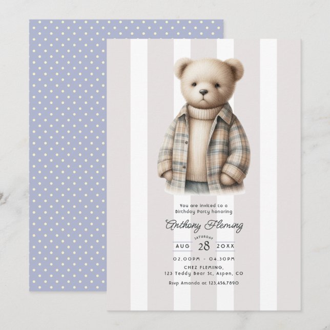 Invitation Fête d'anniversaire classique avec un ours en pelu (Devant / Derrière)