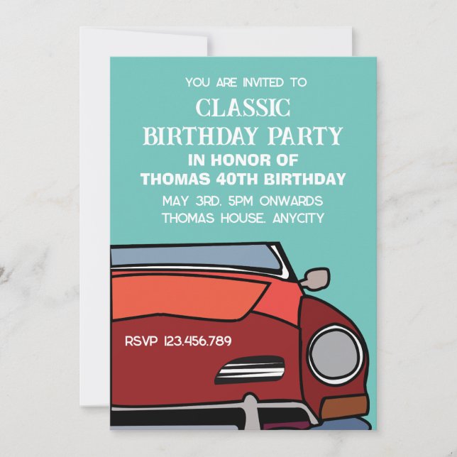 Invitation Fête d'anniversaire classique avec voiture vintage (Devant)