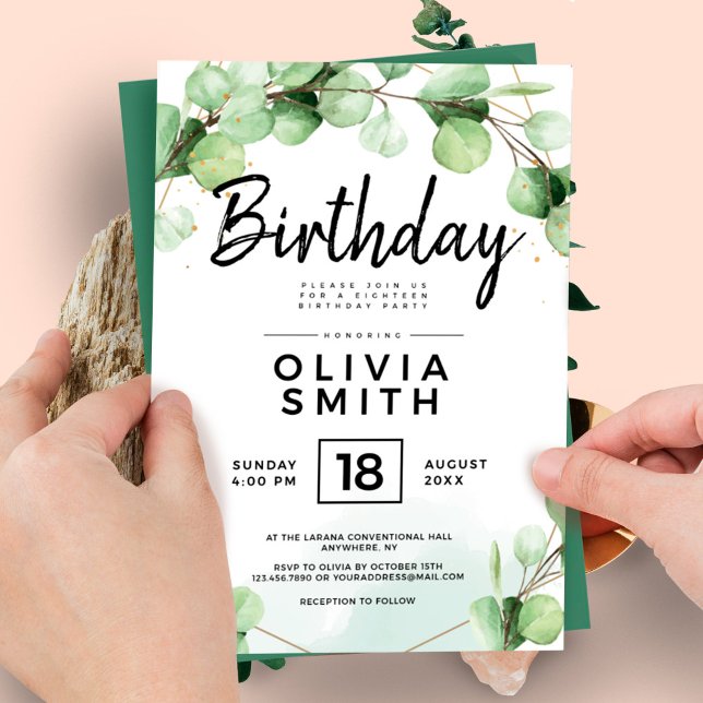 Invitation Fête d'anniversaire classique élégante avec verdur (Elegant Green Eucalyptus 18th Birthday Party Invitation, Watercolor Greenery Invitation)