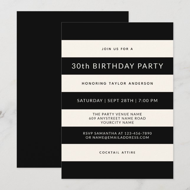 Invitation Fête d'anniversaire classique en noir et blanc cas (Devant / Derrière)