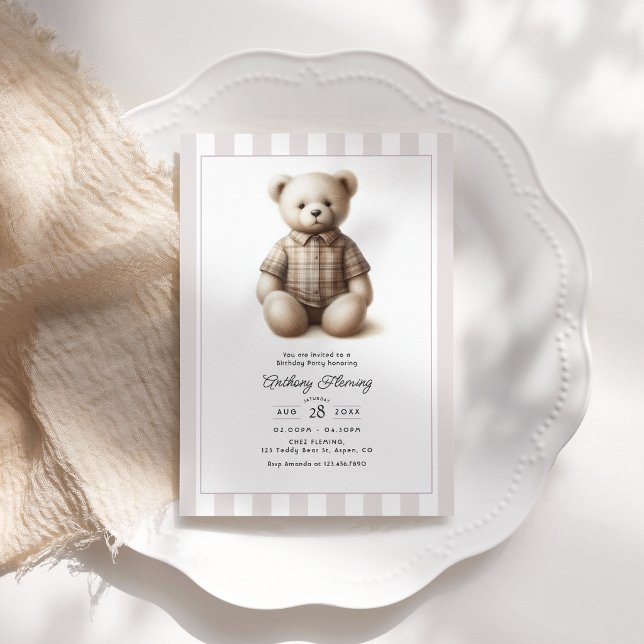 Invitation Fête d'anniversaire classique préppy avec ours en  (Classic Preppy Vintage Teddy Bear Birthday Party Invitation)