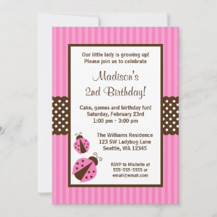 Invitation Fête d'anniversaire coccinelle rose et marron à po