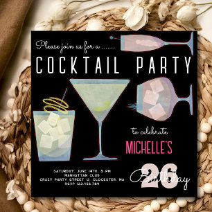 Invitation Fête d'anniversaire cocktail aquarelle noir