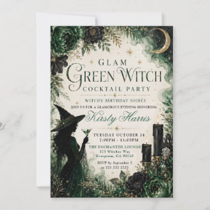 Invitation Fête d'anniversaire Cocktail Sorcière Glamour Vert