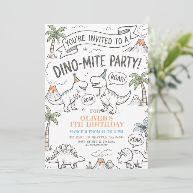 Invitation Fête d'anniversaire Color Me Dinosaur (Debout devant)