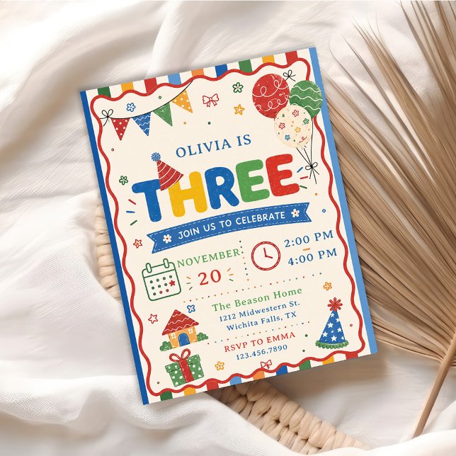 Invitation Fête d'anniversaire Color Pop TROIS (Créateur téléchargé)