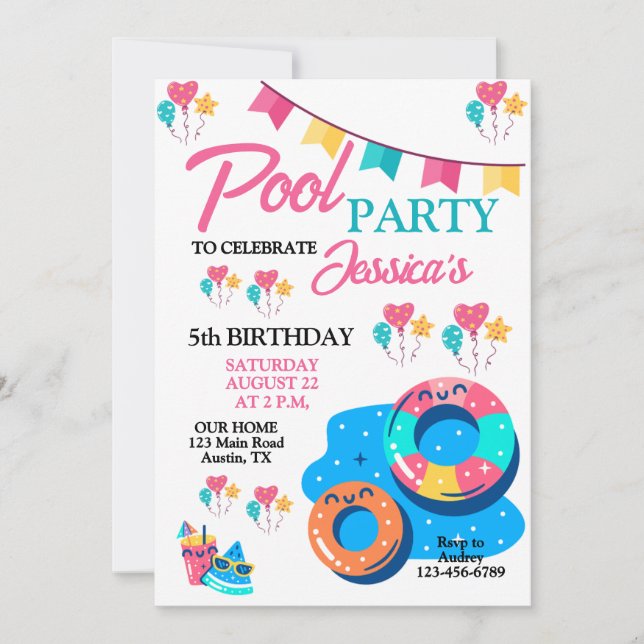 Invitation Fête d'anniversaire Colorée au Piscine (Devant)