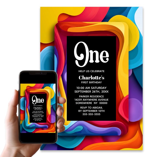 Invitation Fête d'anniversaire colorée de 1 an (Créateur téléchargé)