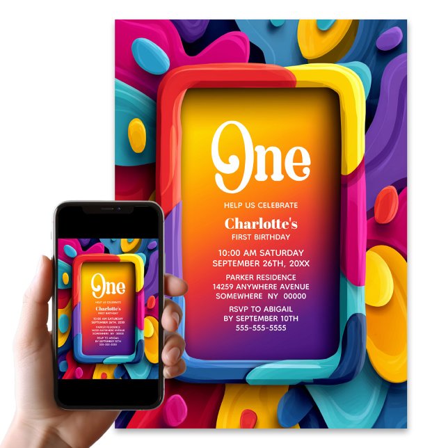 Invitation Fête d'anniversaire colorée de 1 an (Créateur téléchargé)