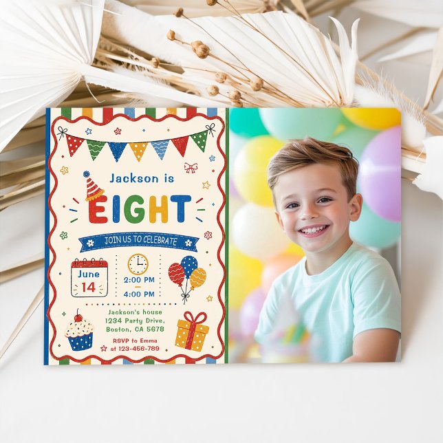 Invitation Fête d'anniversaire colorée de 8 ans (Créateur téléchargé)