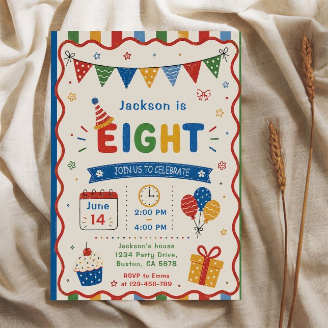 Invitation Fête d'anniversaire colorée de 8 ans (Créateur téléchargé)