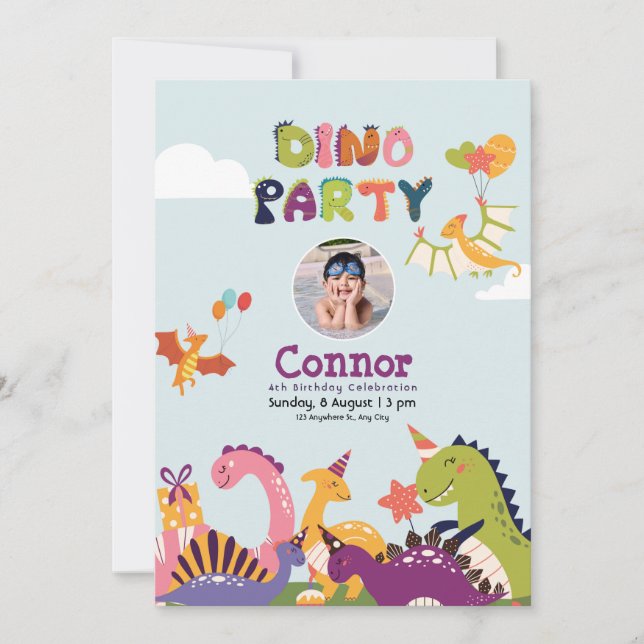 Invitation Fête d'anniversaire colorée de Dinosaur (Devant)