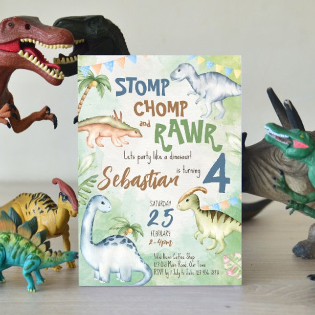 Invitation Fête d'anniversaire colorée de dinosaures (Créateur téléchargé)