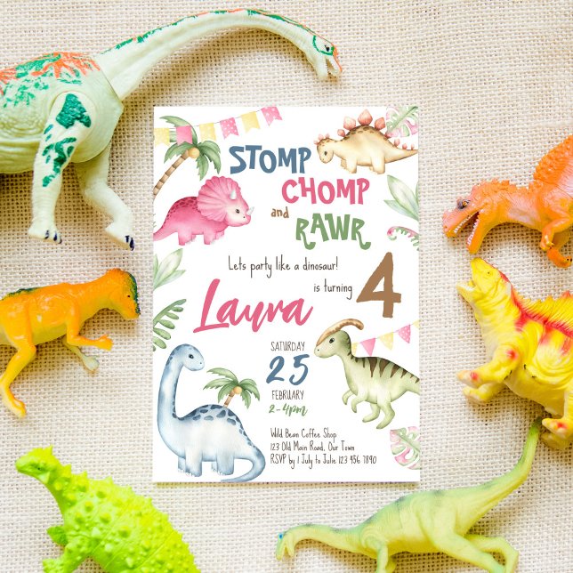 Invitation Fête d'anniversaire colorée de dinosaures (Créateur téléchargé)
