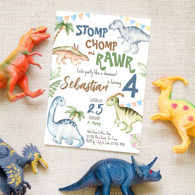Invitation Fête d'anniversaire colorée de dinosaures (Créateur téléchargé)