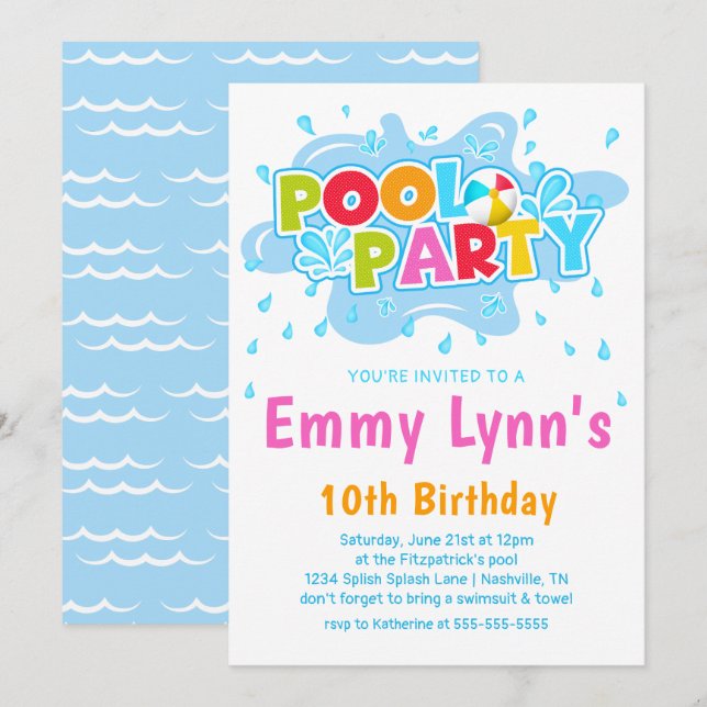 Invitation Fête d'anniversaire colorée d'été pour filles au b (Devant / Derrière)