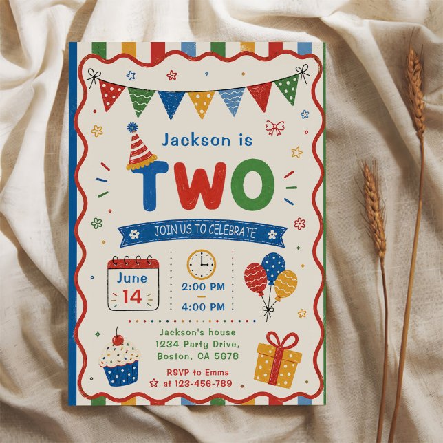 Invitation Fête d'anniversaire colorée DEUX 2 ans (Créateur téléchargé)