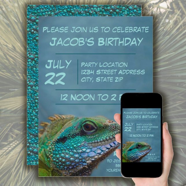 Invitation Fête d'anniversaire colorée d'Iguana (Créateur téléchargé)
