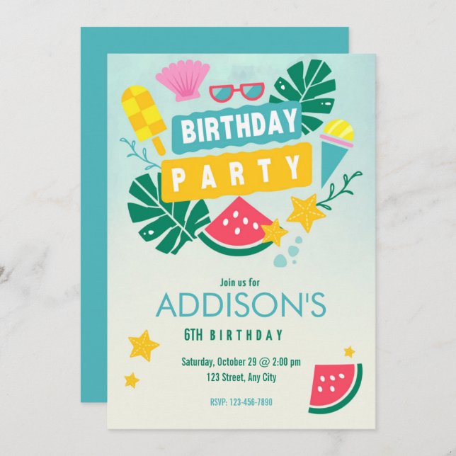 Invitation Fête d'anniversaire colorée et tropicale au bord d (Devant / Derrière)