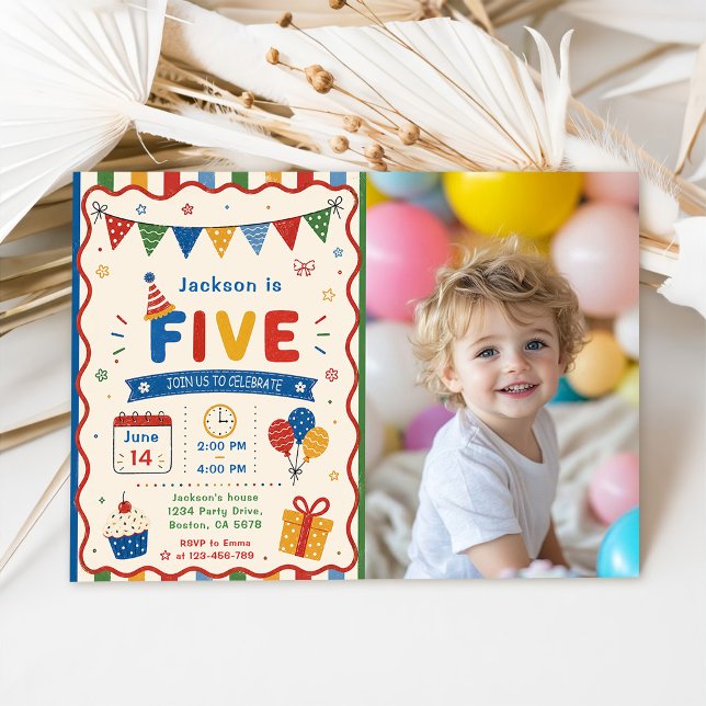 Invitation Fête d'anniversaire colorée FIVE 5 ans (Créateur téléchargé)