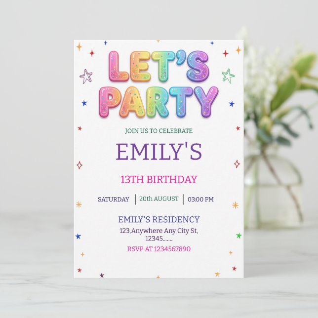 Invitation Fête d'anniversaire colorée Let's Party (Debout devant)