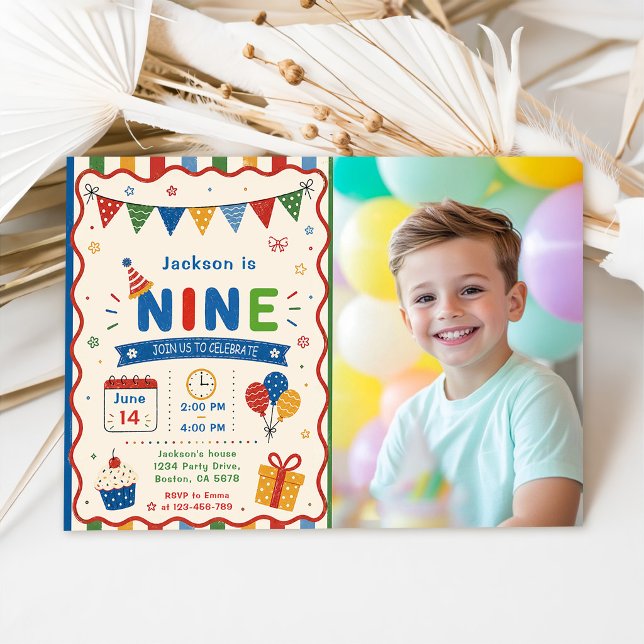 Invitation Fête d'anniversaire colorée NINE 9 ans (Créateur téléchargé)