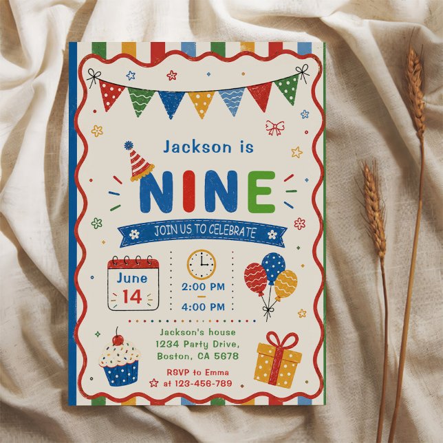 Invitation Fête d'anniversaire colorée NINE 9 ans (Créateur téléchargé)