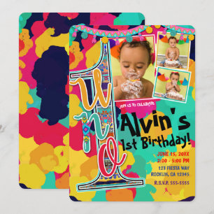 Invitation Fête d'anniversaire Colorée Peinture Fiesta UNO 1è