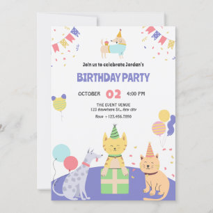 Invitation Fête d'anniversaire colorée pour chat et chien