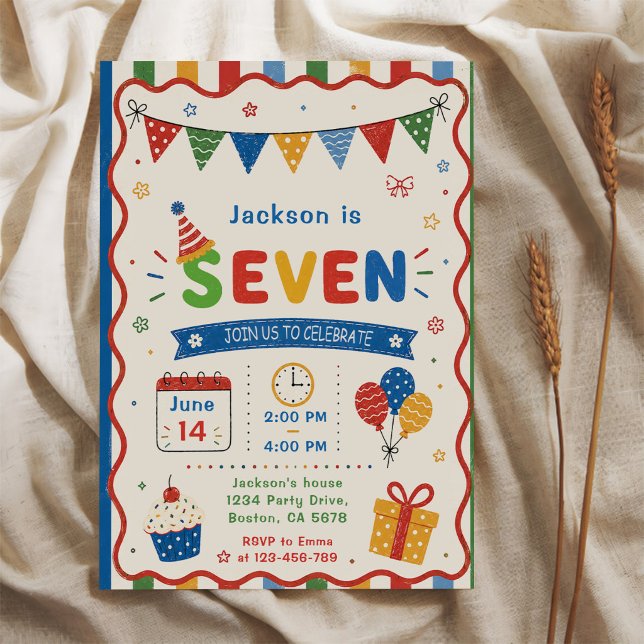 Invitation Fête d'anniversaire colorée SEVEN 7 ans (Créateur téléchargé)