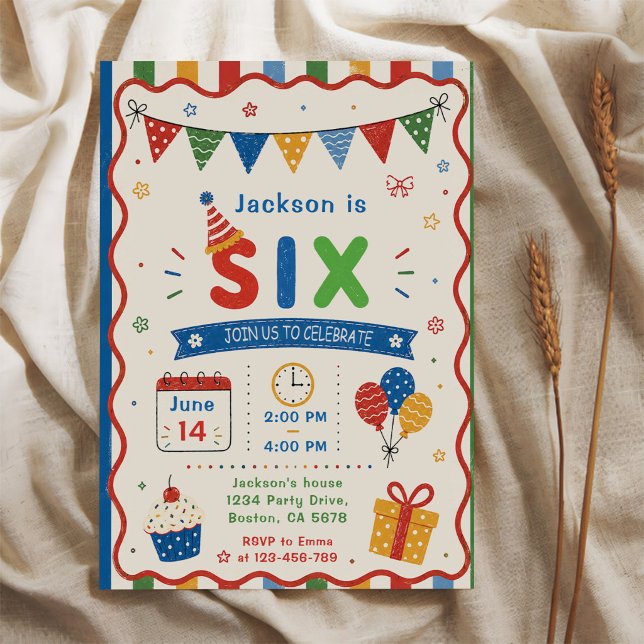 Invitation Fête d'anniversaire colorée SIX 6 ans (Créateur téléchargé)