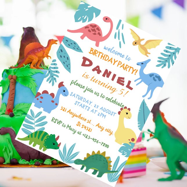 Invitation fête d'anniversaire colorée sur le thème des dinos (Créateur téléchargé)