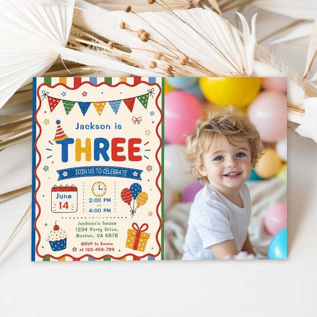 Invitation Fête d'anniversaire colorée TROIS 3 ans (Créateur téléchargé)