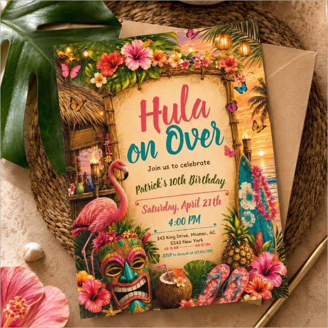 Invitation Fête d'anniversaire colorée tropicale LUAU party (Créateur téléchargé)