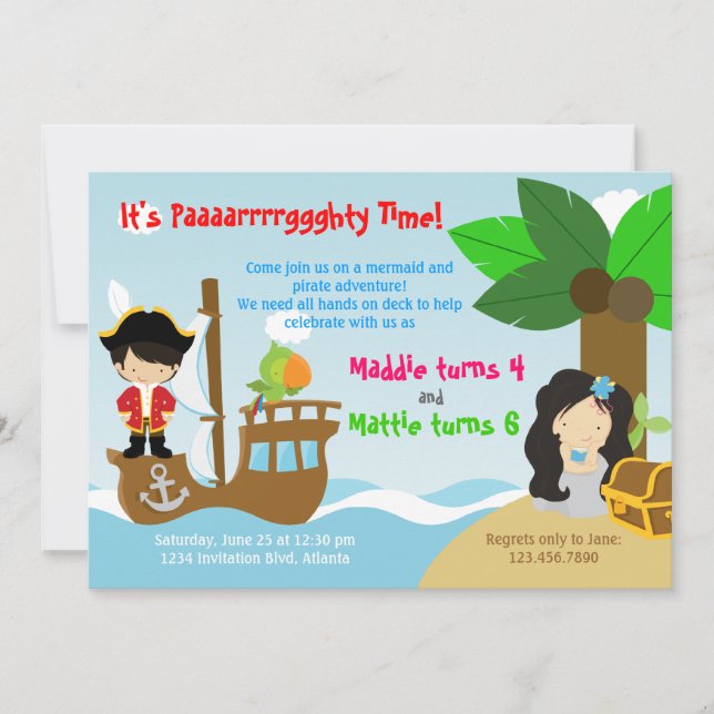 Invitation Fête d'anniversaire commune de jumeaux de sirène (Devant)