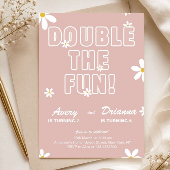 Invitation Fête d'anniversaire commune de sœur avec des margu (double the fun invitation, twin birthday invite, joint birthday party, sibling birthday invite, pink)