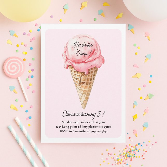 Invitation Fête d'anniversaire Cône de Crème Glacée Rose Past (Créateur téléchargé)