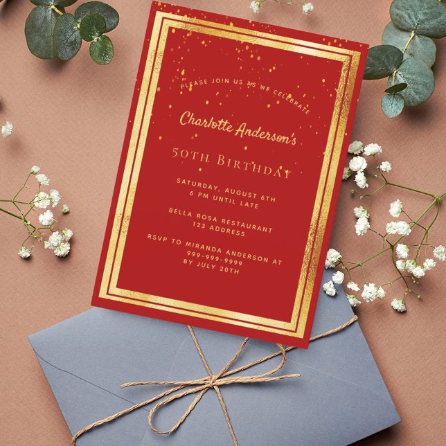 Invitation fête d'anniversaire confetti rouge d'or saupoudrée (Créateur téléchargé)